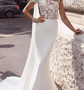 GYGY Robe sirène de mariée avec enveloppement à une épaule, robe style plage, traine style pinceau, sans manches. Berty Events Wedding planner & Boutique en ligne | www.bertyevents.com